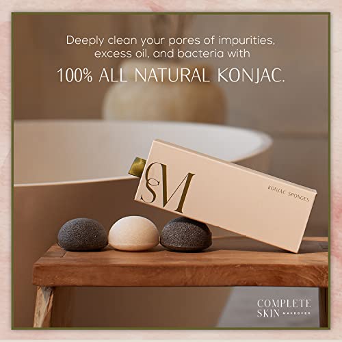 CSM Organic Konjac Sponges 3-Pack for Gentle Exfoliating - Facial Cleansing Sponge with Activated Bamboo Charcoal to Clean Pores, Remove Impurities, Exfoliate - 2 Black, 1 White Natural Sponge