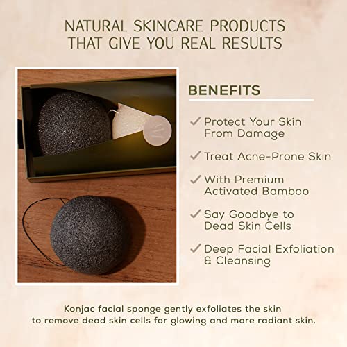 CSM Organic Konjac Sponges 3-Pack for Gentle Exfoliating - Facial Cleansing Sponge with Activated Bamboo Charcoal to Clean Pores, Remove Impurities, Exfoliate - 2 Black, 1 White Natural Sponge