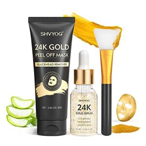 blackhead remover mask, 3-in-1 peel off face mask with 24k gold serum & silicon brush,24k gold facial mask for deep cleansing blackhead, whitehead, pores, acne, oil, peel mask black mask(80g+20ml)