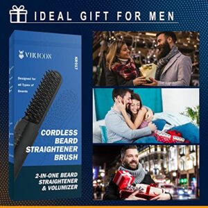 VIKICON Beard Straightening Heat Brush for Men: Cordless Beard and Hair Straightener Hot Comb, Mini & Anti-Scald & Auto Shut Off,Portable for Travel,Unique Gifts for Men