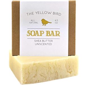 the yellow bird unscented soap bar for sensitive skin. handmade face soap that’s fragrance free and hypoallergenic. natural, vegan, and organic ingredients.