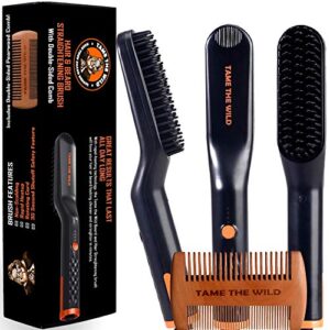tame the wild premium beard straightener – ionic anti-scald technology – heated beard brush – 3 temp settings – wooden comb included – gift set