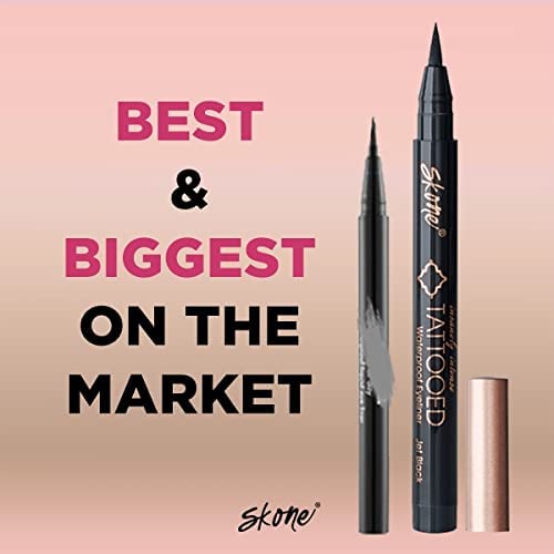 Skone Cosmetics Insanely Intense Tattooed Eyeliner - Smudge Proof & Sweat Proof Liquid Eyeliner Felt Tip Applicator - Pigmented Liquid Eye Liner Makeup - Waterproof Tattoo Eyeliner -Jet Black (0.07oz)