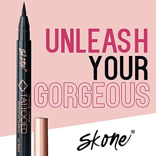 Skone Cosmetics Insanely Intense Tattooed Eyeliner - Smudge Proof & Sweat Proof Liquid Eyeliner Felt Tip Applicator - Pigmented Liquid Eye Liner Makeup - Waterproof Tattoo Eyeliner -Jet Black (0.07oz)