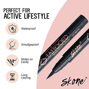 Skone Cosmetics Insanely Intense Tattooed Eyeliner - Smudge Proof & Sweat Proof Liquid Eyeliner Felt Tip Applicator - Pigmented Liquid Eye Liner Makeup - Waterproof Tattoo Eyeliner -Jet Black (0.07oz)