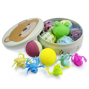 5+1 tin box bath bomb gift set, natural & organic bath fizzy bomb with croaking floating frog and finger toys, colorful moisturizing relaxing bath spa, perfect self care kids gift set, birthday gift