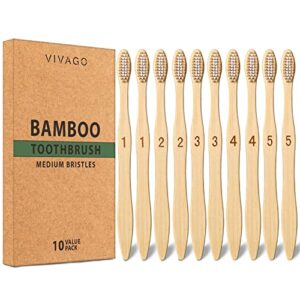 vivago bamboo toothbrushes medium bristles 10 pack – bpa free medium bristles toothbrushes for adults | eco-friendly, compostable & biodegradable toothbrush | natural wooden toothbrushes