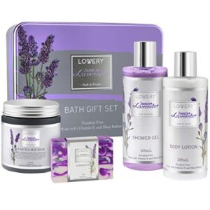birthday gifts jasmine lavender bath and body gift set, luxury bath essentials with shea butter – home spa kit – dead sea mud mask, shower gel, body lotion & handmade soap in an elegant tin box