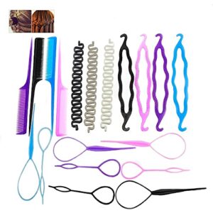 19 pcs hair braiding tool, diy hair styling tool kit updo ponytail maker accessories topsy hair braid kit