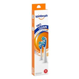 spinbrush pro clean refill, medium bristles, includes 2 replacement heads for battery powered toothbrushes