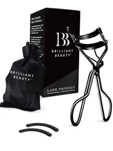 brilliant beauty eyelash curler with satin bag & refill pads – award winning eye lash curlers for dramatically curled eyelashes & lash lift in seconds (jet black)