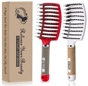 detangling brush boar bristles set ktkudy hair brush curved and vented detangler brush for women men kids wet and dry hair (red&white)