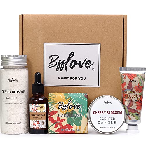 Gifts for Women, BFF LOVE-5pcs Cherry Blossom Bath and Body Set, Spa Kit Gift Set for Women with Massage Oil, Scented Candle, Bath Salt, Hand Cream & Soap, Gift Baskets for Women