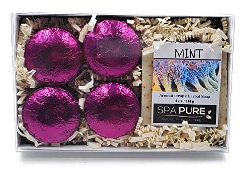 Spa Pure Aromatherapy Gift Set - Lavender Mint Artisan Soap & 4 Shower Steamers - Made with Plant Based Ingredients - Cotton Shower Bag & Soap Bag