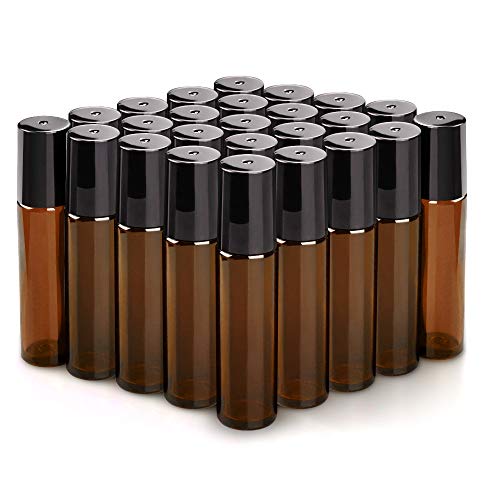 25 Pack Essential Oil Roller Bottles, sungwoo 10ml Amber Glass Roller Bottles with Stainless Steel Roller Balls and Caps for Travel, Perfume and Lip Gloss