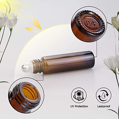 25 Pack Essential Oil Roller Bottles, sungwoo 10ml Amber Glass Roller Bottles with Stainless Steel Roller Balls and Caps for Travel, Perfume and Lip Gloss