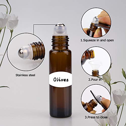 25 Pack Essential Oil Roller Bottles, sungwoo 10ml Amber Glass Roller Bottles with Stainless Steel Roller Balls and Caps for Travel, Perfume and Lip Gloss
