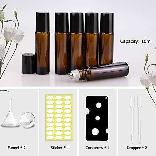 25 Pack Essential Oil Roller Bottles, sungwoo 10ml Amber Glass Roller Bottles with Stainless Steel Roller Balls and Caps for Travel, Perfume and Lip Gloss