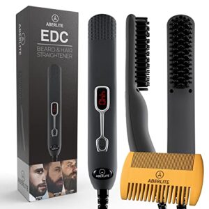 aberlite edc – premium beard straightener brush for men – professional straightening tool heated comb – beard kits for men – beard kits gift sets men – beard grooming kit for men gift set (grey)