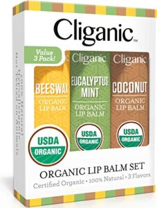 cliganic usda organic lip balm set – 3 flavors – 100% natural moisturizer for cracked & dry lips