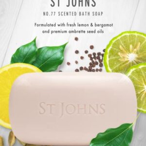 St. John No. 77 Luxury Soap Bar for Men 3X Triple Mille Bath, Body, Shower Soap Bar. 7 Oz Premium Creamy Scented Lather. Best smelling, selling soap bar for guys. Olive Oil, Glycerine, Vitamin E.