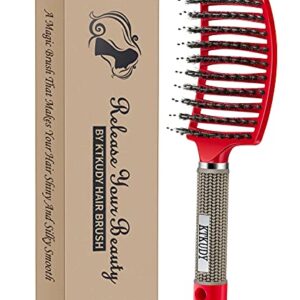 Detangling Brush Boar Bristles KTKUDY Magical Brush Detangler Tangle Free Hair Brush for Women Men Kids Wet and Dry Hair (Red)