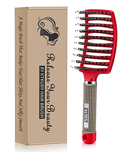 Detangling Brush Boar Bristles KTKUDY Magical Brush Detangler Tangle Free Hair Brush for Women Men Kids Wet and Dry Hair (Red)