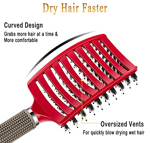 Detangling Brush Boar Bristles KTKUDY Magical Brush Detangler Tangle Free Hair Brush for Women Men Kids Wet and Dry Hair (Red)