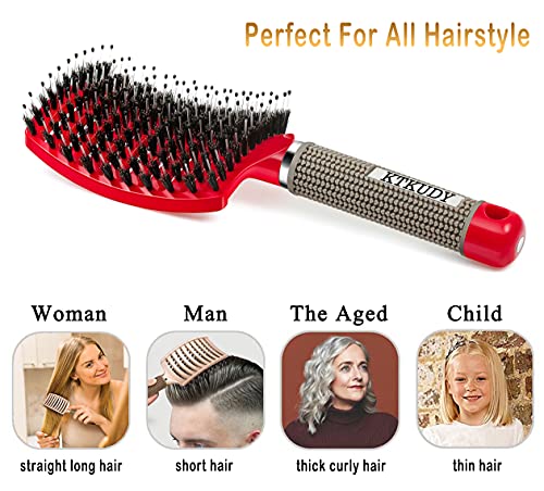 Detangling Brush Boar Bristles KTKUDY Magical Brush Detangler Tangle Free Hair Brush for Women Men Kids Wet and Dry Hair (Red)