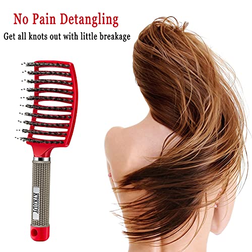 Detangling Brush Boar Bristles KTKUDY Magical Brush Detangler Tangle Free Hair Brush for Women Men Kids Wet and Dry Hair (Red)