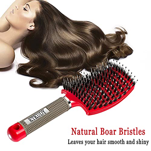 Detangling Brush Boar Bristles KTKUDY Magical Brush Detangler Tangle Free Hair Brush for Women Men Kids Wet and Dry Hair (Red)