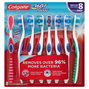 colgate 360 toothbrush with tongue and cheek cleaner – medium (8 pack)