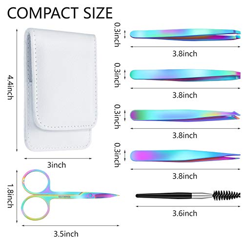 6 Pieces Eyebrow Tweezers Set with Curved Scissors, Eyelash Brush Stainless Steel Brow Remover Tools for Women and Girls, Hair Plucking Daily Beauty Tool with Storage Case (Rainbow Color)