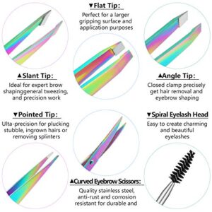 6 Pieces Eyebrow Tweezers Set with Curved Scissors, Eyelash Brush Stainless Steel Brow Remover Tools for Women and Girls, Hair Plucking Daily Beauty Tool with Storage Case (Rainbow Color)