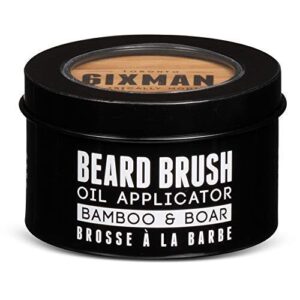 6ixman™ beard brush – bamboo and boar bristle – for short to medium beards, easy-grip handle, travel friendly, exfoliating, beard oil applicator – includes travel tin