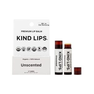 kind lips lip balm, nourishing soothing lip moisturizer for dry cracked chapped lips, made in usa with 100% natural usda organic ingredients, unscented flavor, pack of 2