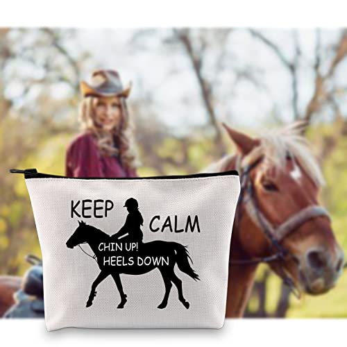 G2TUP Horse Lover Gift Keep Calm Chin Up Heels Down Makeup Bag Cowgirl Equestrian Rider Cosmetic Bag Horse Riding Gift Horse Zipper Travel Bag (Chin Up Heels Down White Bag)