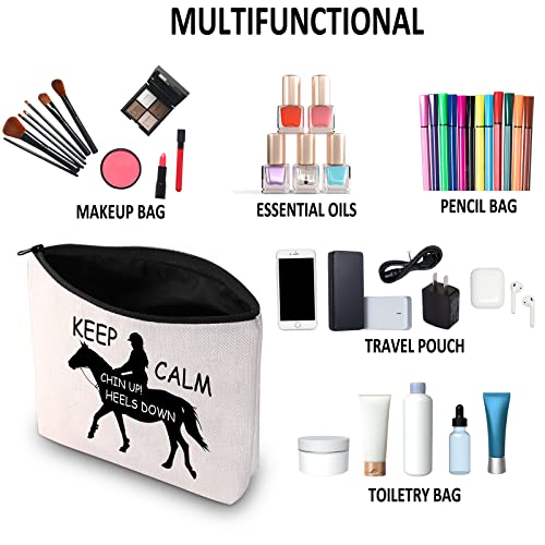 G2TUP Horse Lover Gift Keep Calm Chin Up Heels Down Makeup Bag Cowgirl Equestrian Rider Cosmetic Bag Horse Riding Gift Horse Zipper Travel Bag (Chin Up Heels Down White Bag)