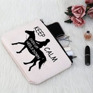 G2TUP Horse Lover Gift Keep Calm Chin Up Heels Down Makeup Bag Cowgirl Equestrian Rider Cosmetic Bag Horse Riding Gift Horse Zipper Travel Bag (Chin Up Heels Down White Bag)