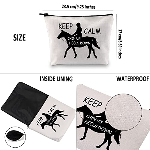 G2TUP Horse Lover Gift Keep Calm Chin Up Heels Down Makeup Bag Cowgirl Equestrian Rider Cosmetic Bag Horse Riding Gift Horse Zipper Travel Bag (Chin Up Heels Down White Bag)