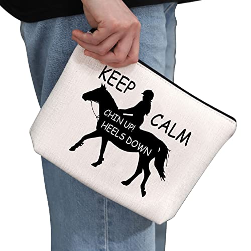 G2TUP Horse Lover Gift Keep Calm Chin Up Heels Down Makeup Bag Cowgirl Equestrian Rider Cosmetic Bag Horse Riding Gift Horse Zipper Travel Bag (Chin Up Heels Down White Bag)