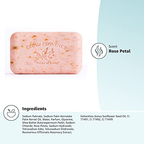 Pre de Provence Artisanal French Moisturizing Soap Bar, Shea Butter Enriched, Quad Milled for Long Lasting Rich Smooth Lather, 5.3 Ounce, Rose Petal