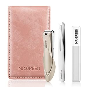 mr.green 3pcs stainless steel nail clippers set ，pink manicure pedicure set with nail clippers&glass nail file&tweezers ，medical grade grooming kit with travel case gift box for man and woman