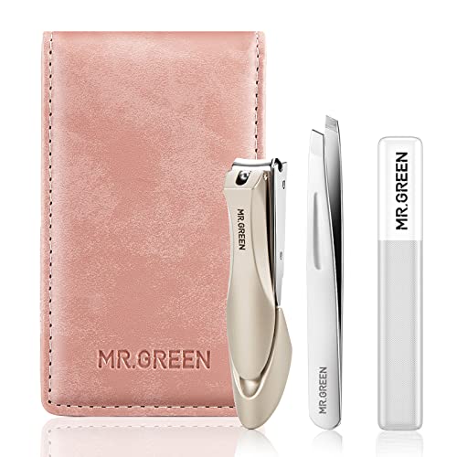 MR.GREEN 3pcs Stainless Steel Nail Clippers Set ，Pink Manicure Pedicure Set with Nail Clippers&Glass Nail File&Tweezers ，Medical Grade Grooming Kit with Travel Case Gift Box for Man and Woman