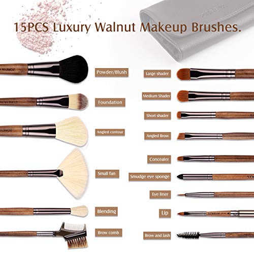 ZOREYA Makeup Brush Set ,15pcs Unique Walnut Makeup Brushes with Nobility,Professional Premium Synthetic Foundation Powder Concealers Eye Shadows Makeup brushes Set with Perfect Vegan Leather Bag