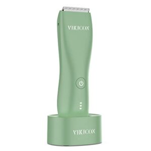 vikicon body hair trimmer for men and women: electric groin & ball shaver,cordless trimmer clippers ultimate male hygiene razor, replaceable ceramic blade heads with charging dock,green