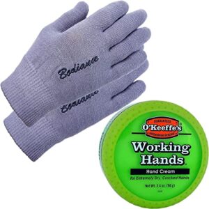hand cream for dry cracked hands and hand repair gloves bundle: o’keeffe’s working hands cream (unscented, non-greasy 3.2 oz.), gel moisturizing gloves men or women (1 pair, gray, unscented)