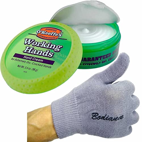 Hand Cream for Dry Cracked Hands and Hand Repair Gloves Bundle: O'Keeffe's Working Hands Cream (Unscented, Non-Greasy 3.2 oz.), Gel Moisturizing Gloves Men or Women (1 pair, Gray, Unscented)