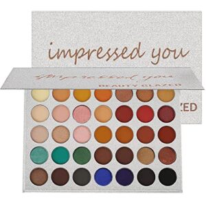 impress you eyeshadow palette, highly pigmented 35 shades matte and shimmers makeup palette, blendable long lasting waterproof eye shadow, no flaking, little fall out, stay long, hard smudge, cruelty- free makeup pallet, full face eye make up for beginner