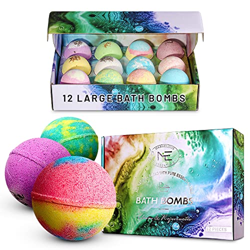 Marvelous Essentials Bath Bomb Gift Set for Women | 12 Aromatherapy BathBombs Crafted from Pure Essential Oils | Fizzy Spa Relaxing Bubble Bath Bombs Make a Great Gift Idea for Women & Kids